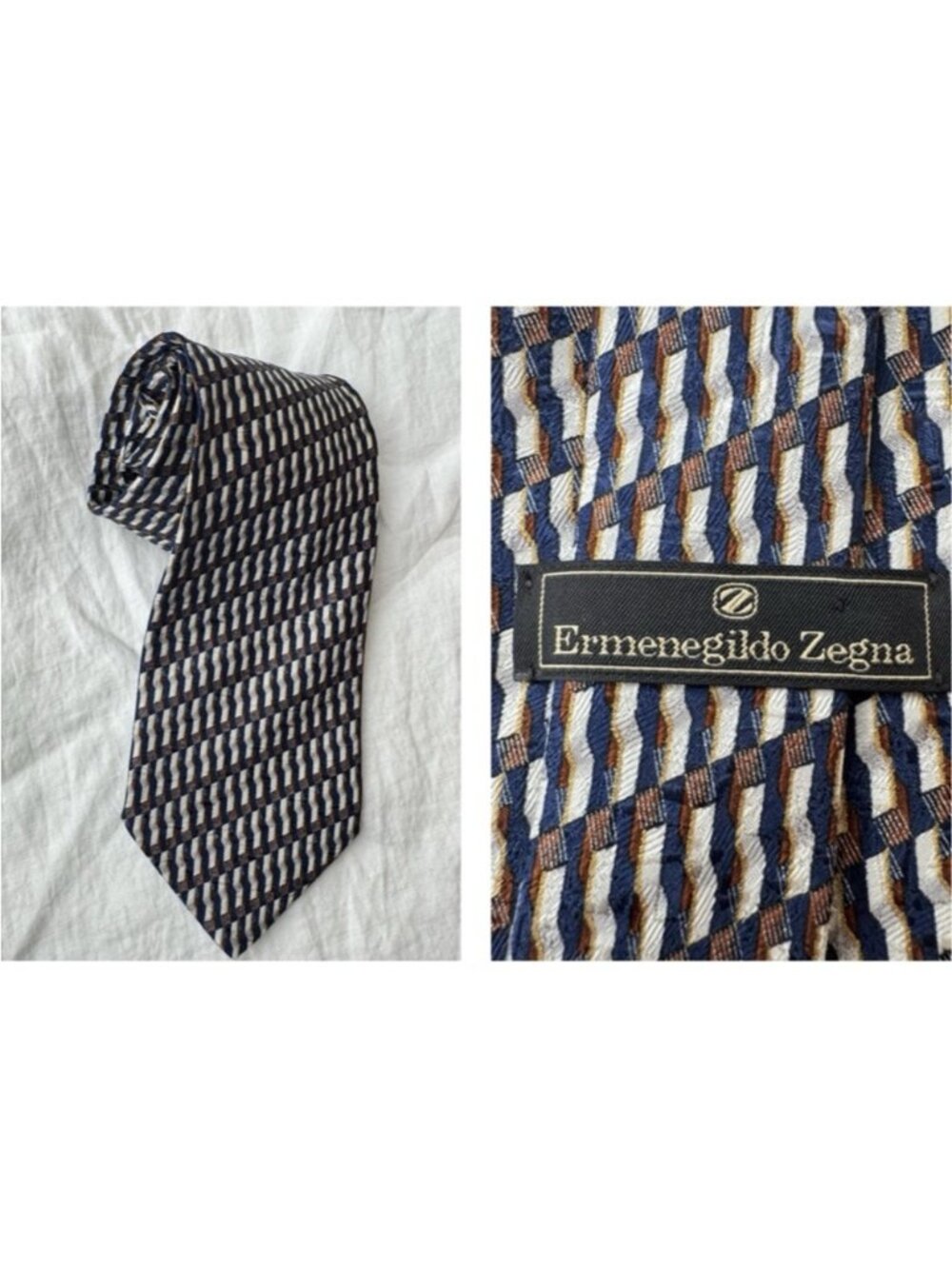 Ermenegildo Zegna Silk Tie Blue Brown Geometric Designer Luxury